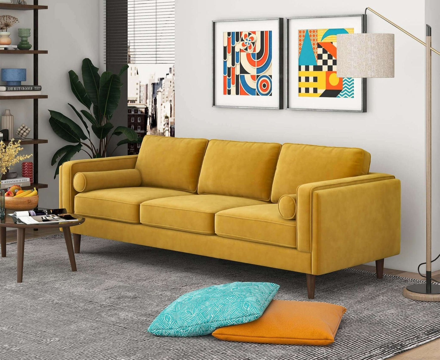 Amber 86" Mid Century Modern Yellow  Velvet Sofa