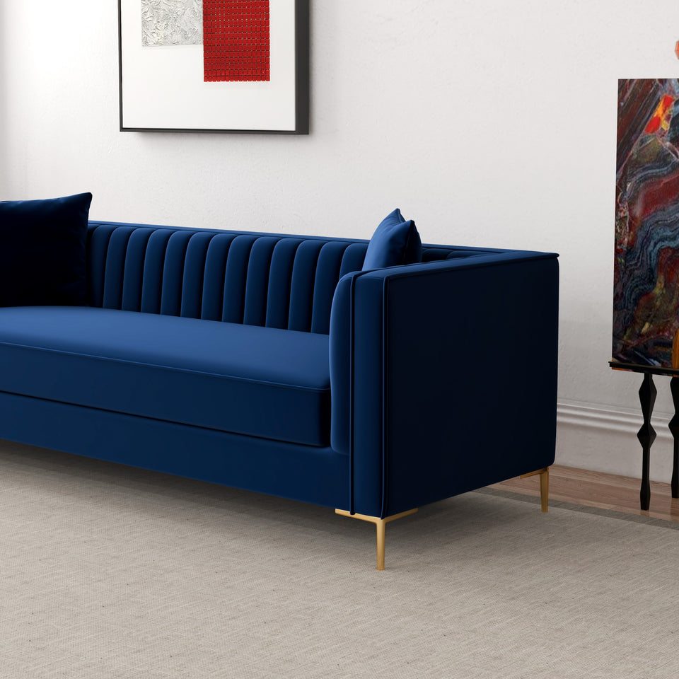 Angelina 84" Mid-Century Modern Dark Blue Velvet Tufted Sofa