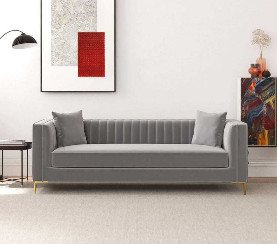 Angelina 84" Mid-Century Modern Gray Velvet Tufted Sofa