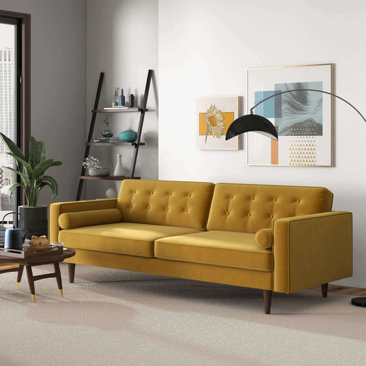 Casey 84"  Mid Century Modern Gold Velvet Sofa