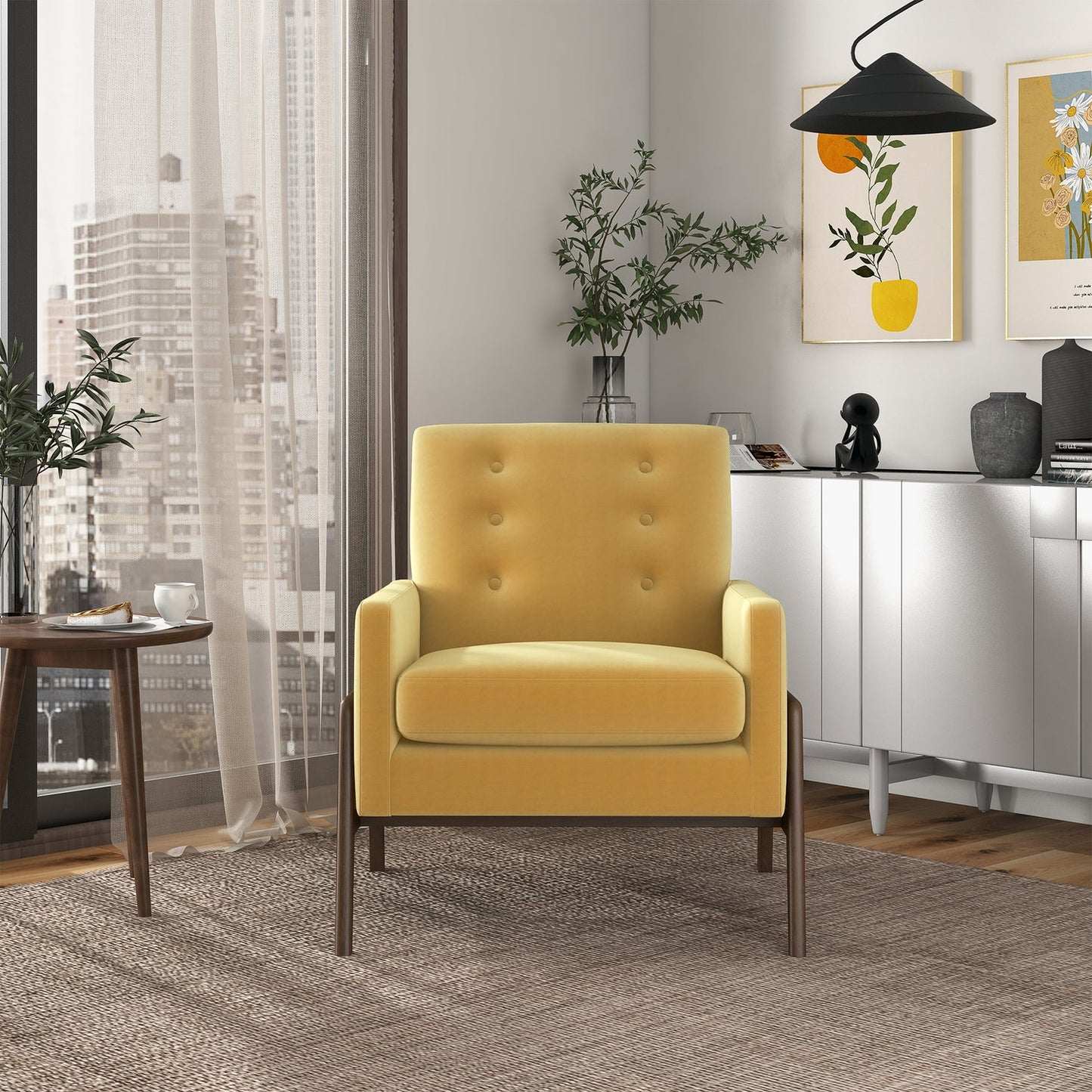 Cole Mid-Century Modern Solid Wood Dark Yellow Velvet Lounge Chair