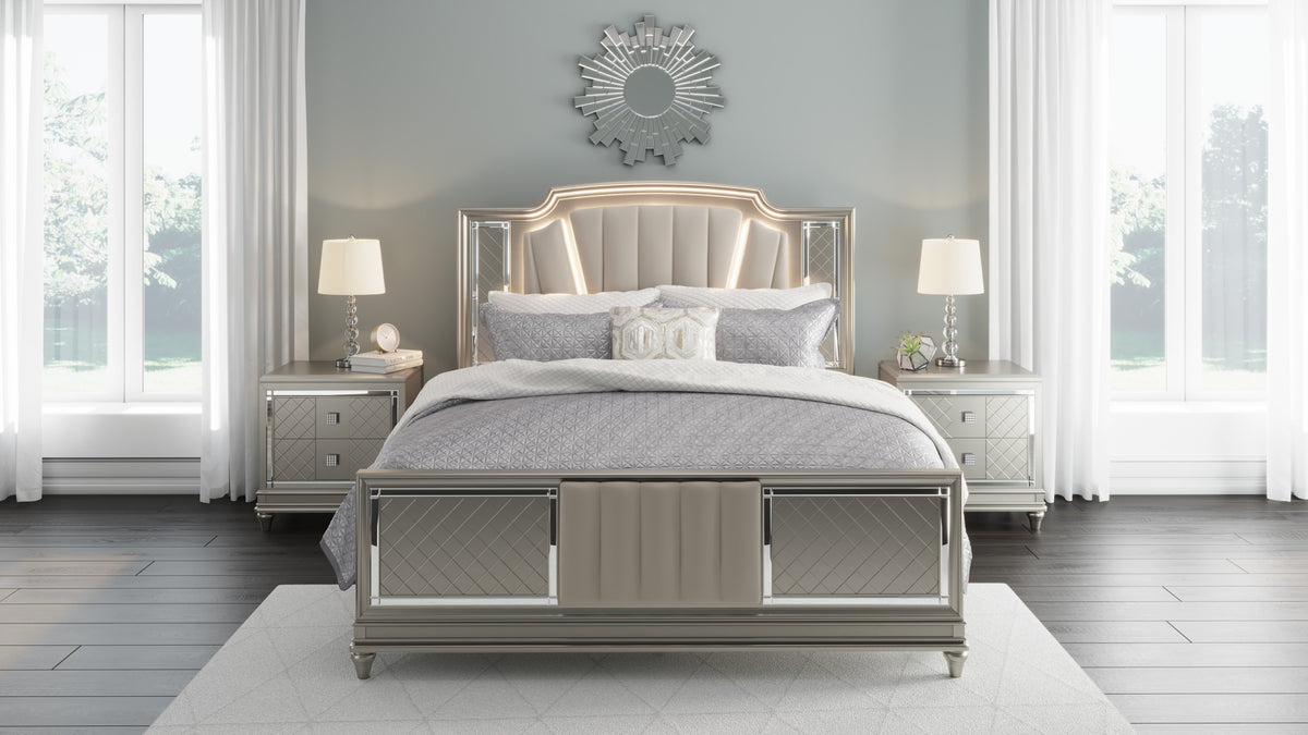 Chevanna Platinum LED Upholstered Panel Bedroom Set B744