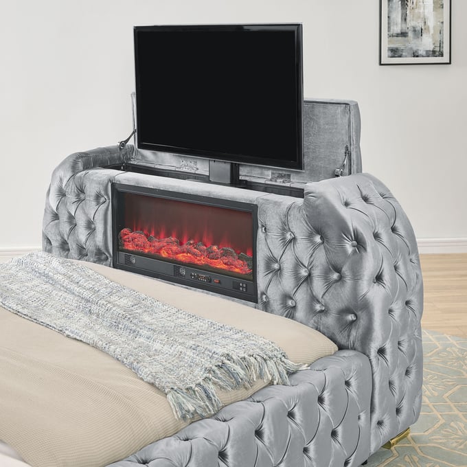 Natalia Grey Velvet FIREPLACE/TV STAND King Panel Bed 5115