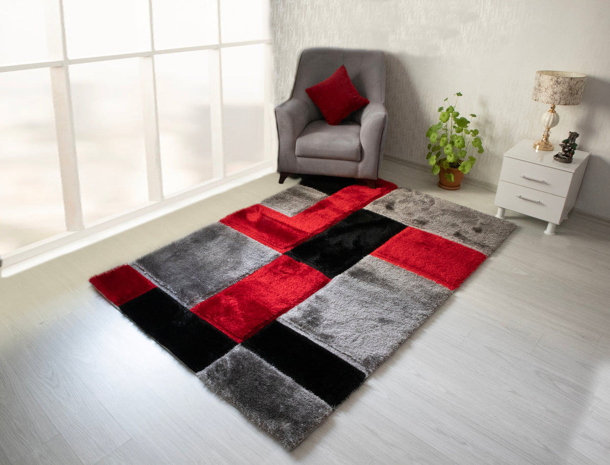 3D Shaggy GRAY-RED Area Rug - 3D161. 5X7