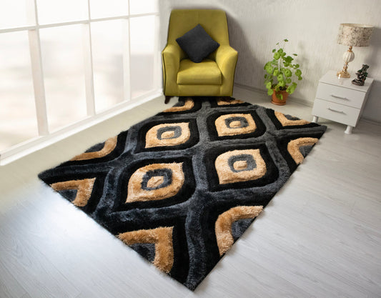 3D Shaggy GOLD-BLACK Area Rug - 3D151. 5X7