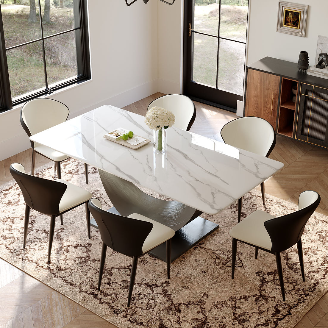 Myla&Trista White 7pc Dining RoomSet ( Sintered Stone)