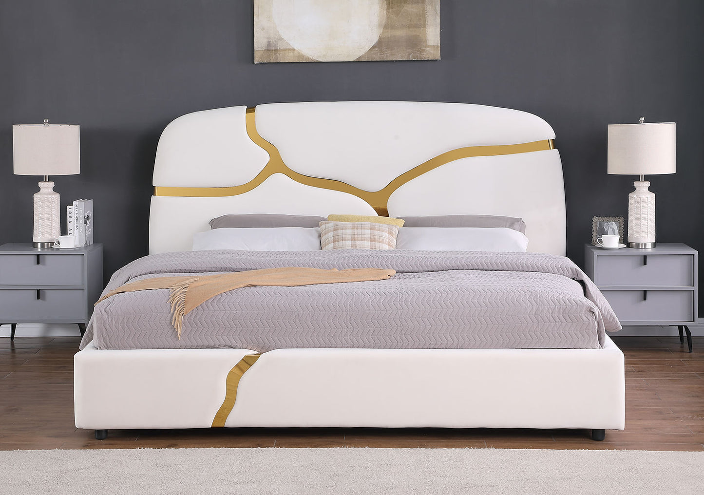 Milan Stone White Velvet/Gold King Bed