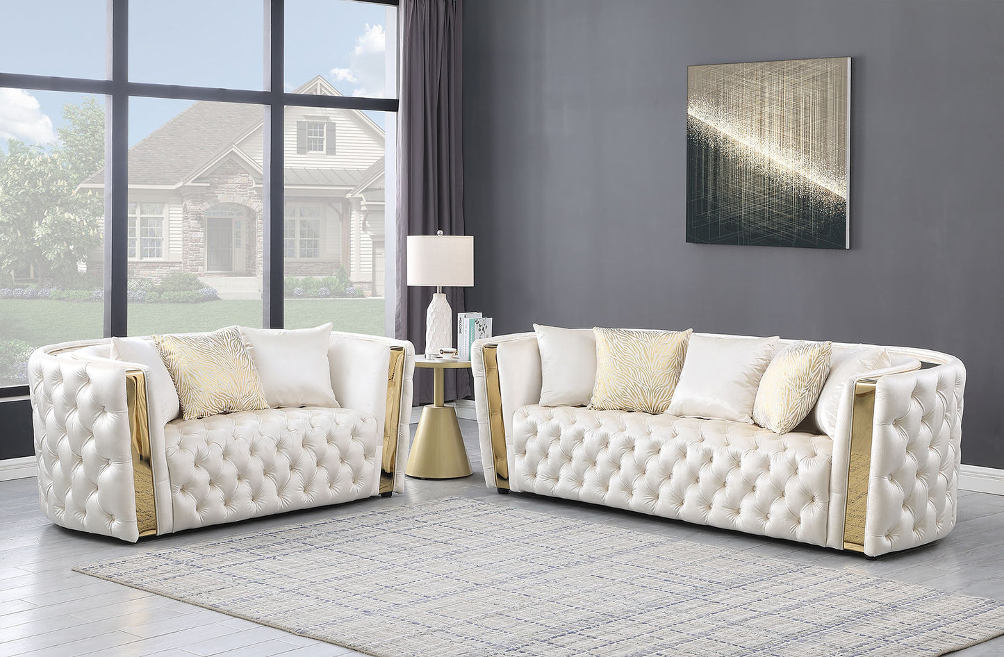 Roka White Velvet Sofa and Loveseat S8290