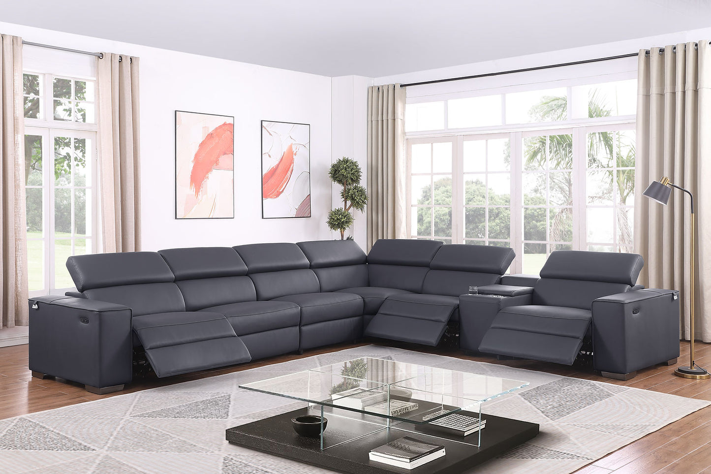 Picasso Dark Grey 3 POWER  Leather Match 7pc Sectional  MI631