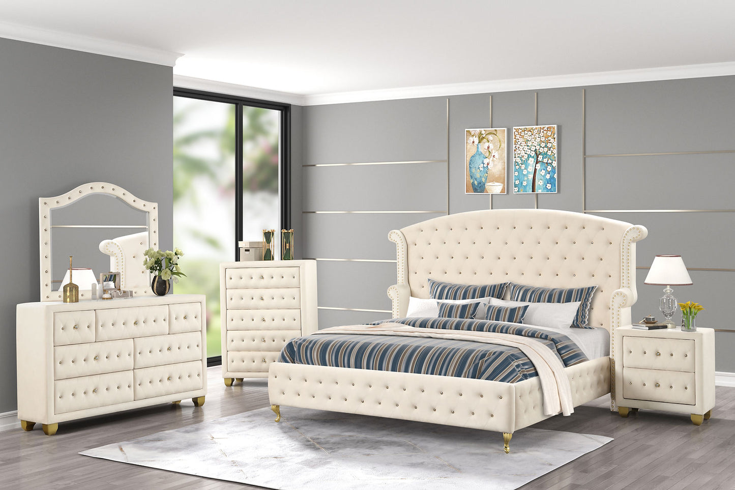 Olivia Beige Velvet Platform Bedroom Set B2029