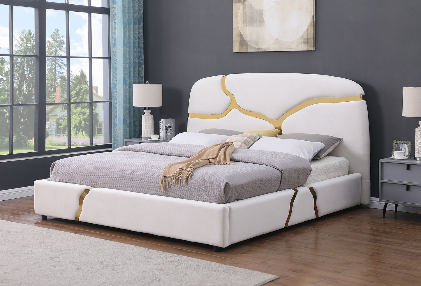 Milan Stone White Velvet/Gold Queen Bed B838