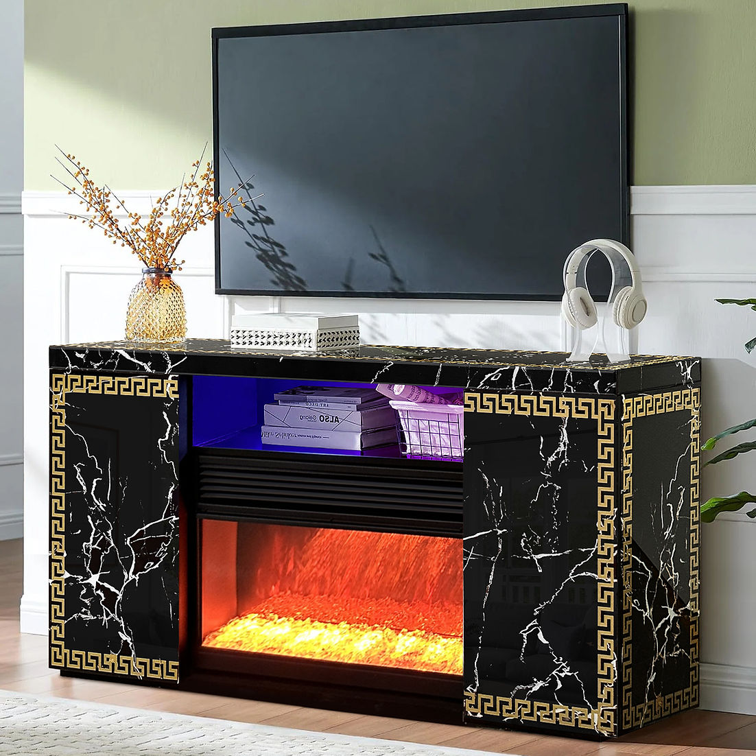 A-F04 Versa Black LED/BLUETOOTH Fireplace TV Stand