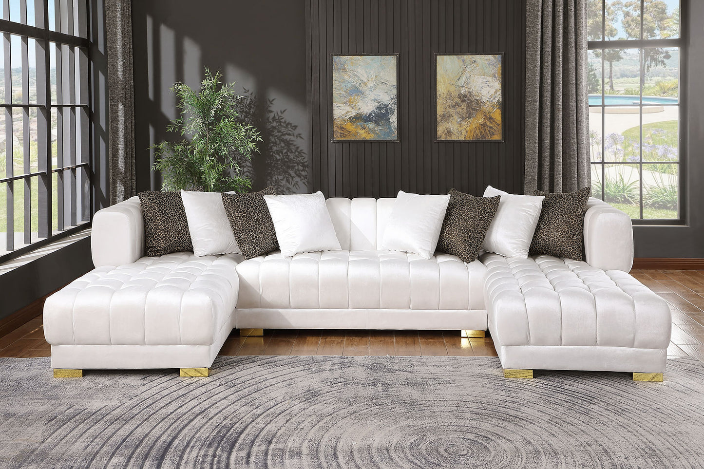 Dasha White Velvet Double Chaise Sectional S8155