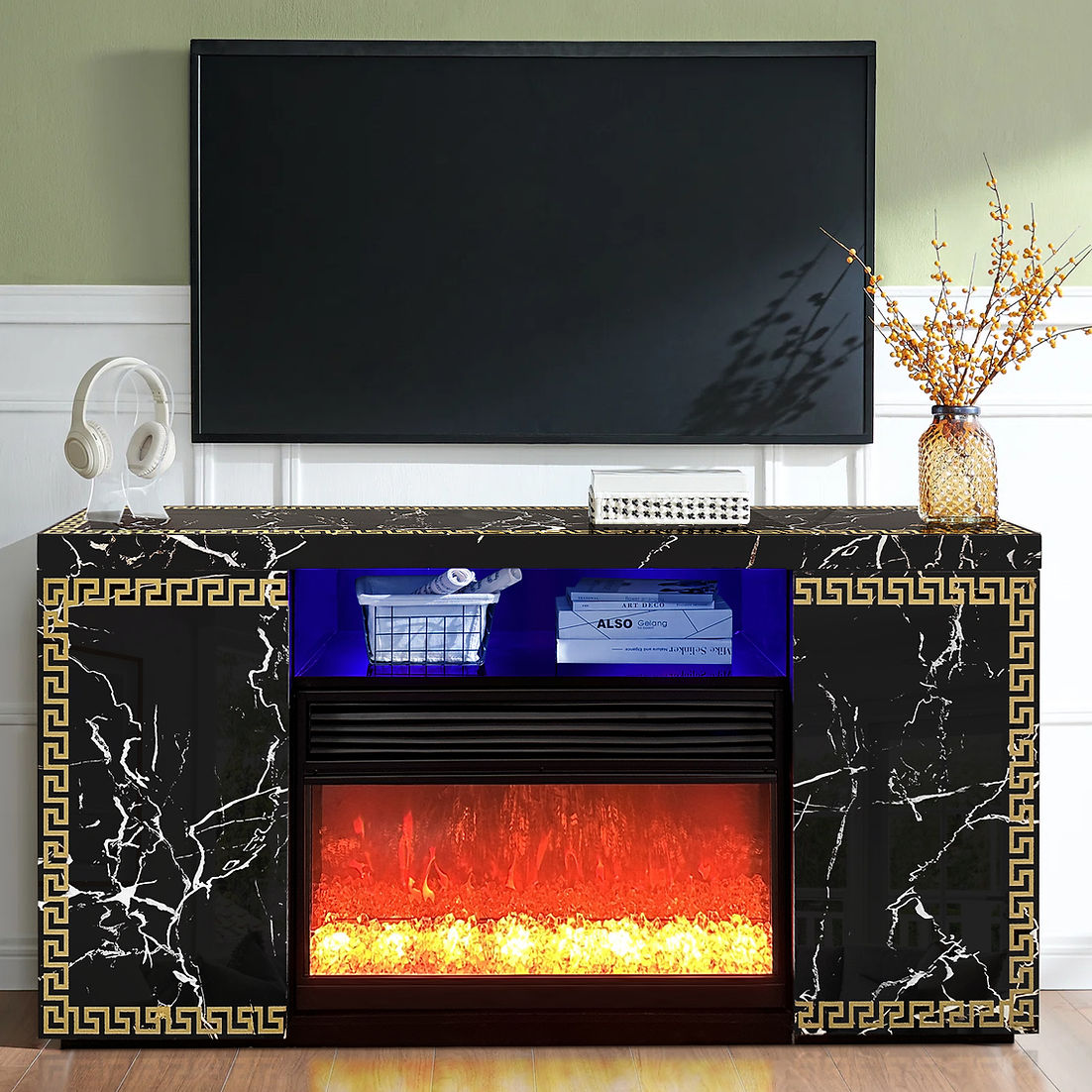 A-F04 Versa Black LED/BLUETOOTH Fireplace TV Stand