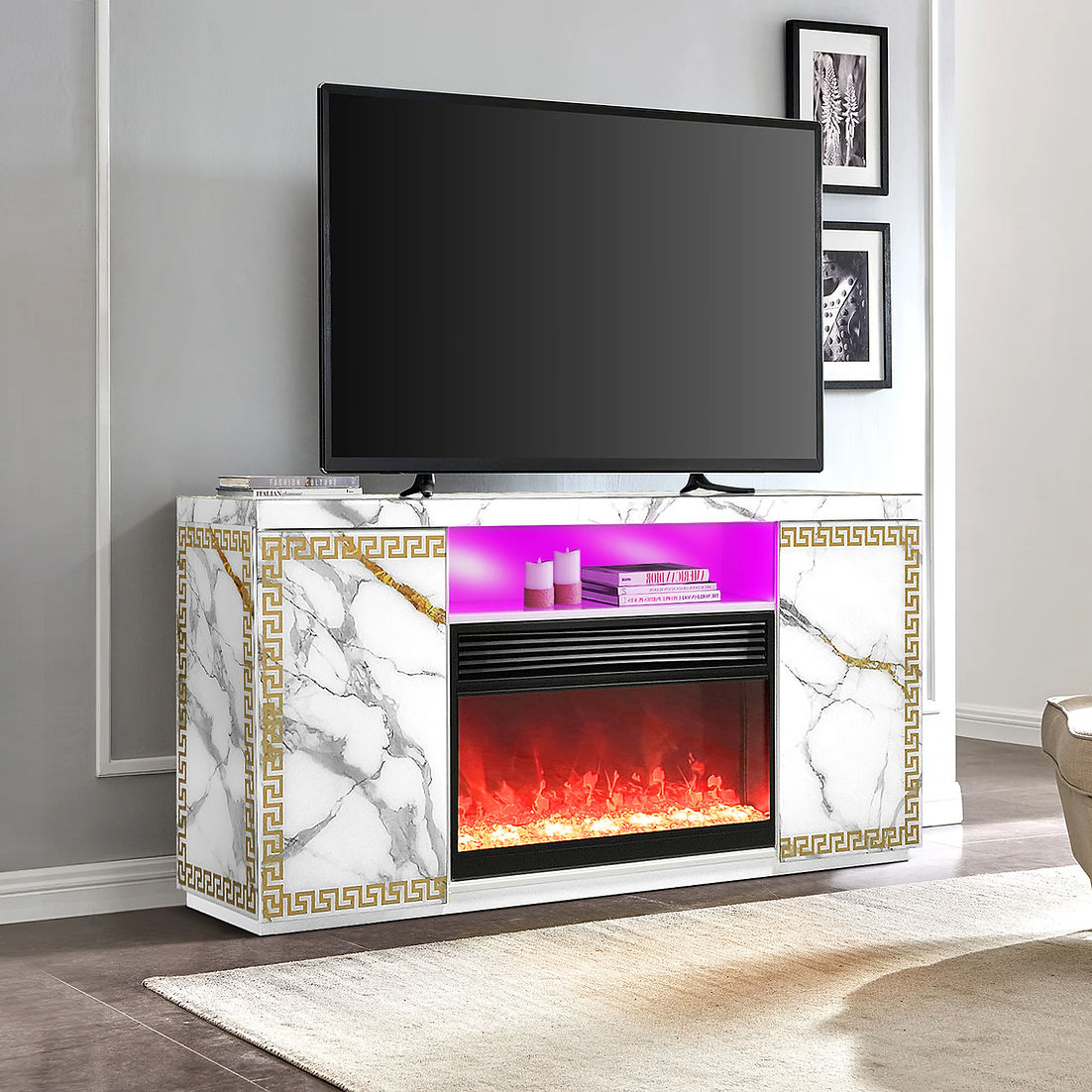 A-F04 Versa White LED/BLUETOOTH Fireplace TV Stand