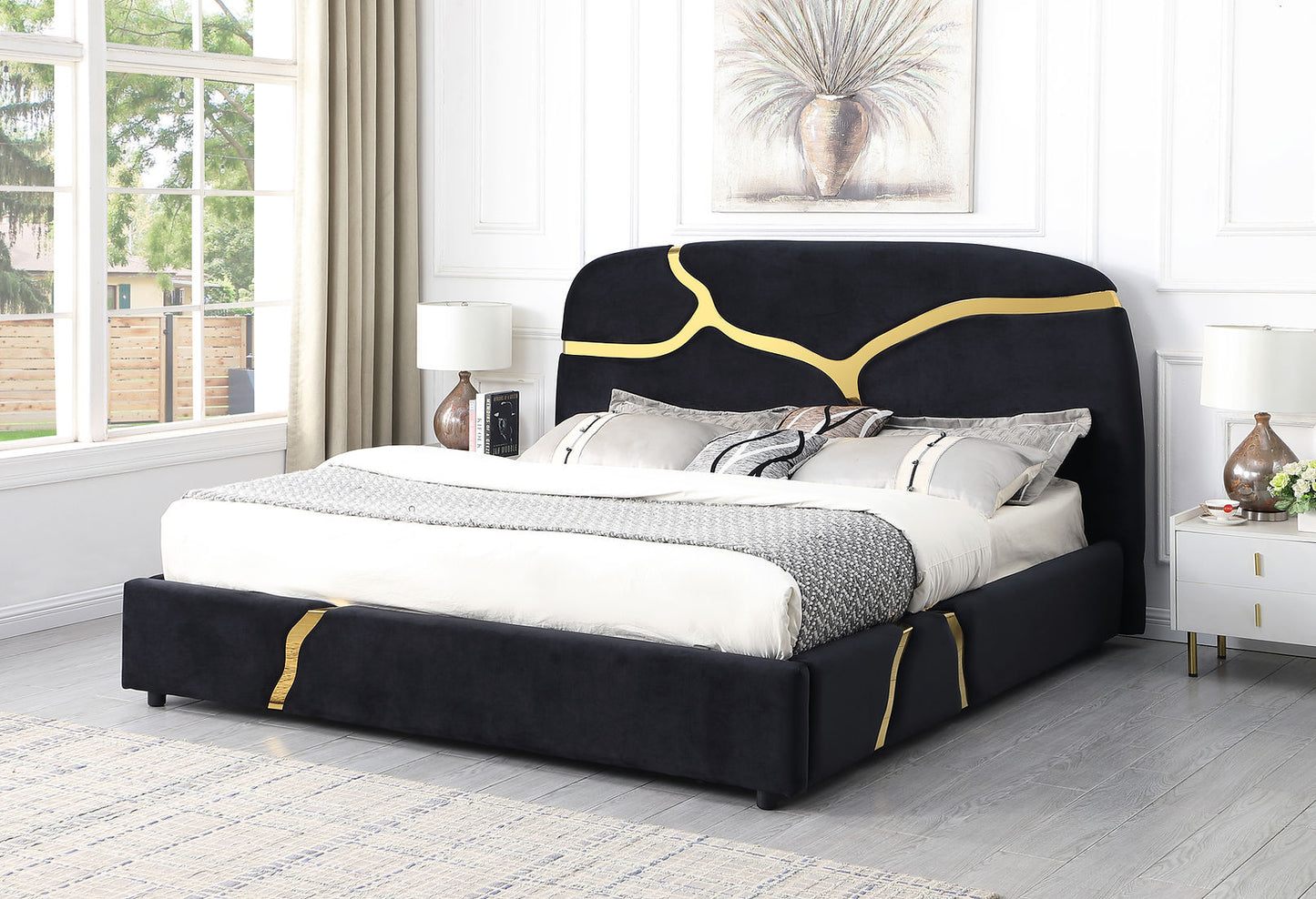 Milan Stone Black Velvet/Gold Queen Bed