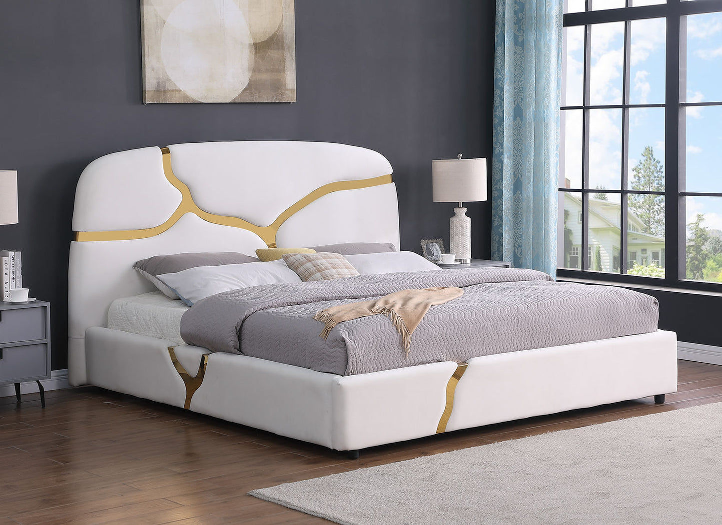 Milan Stone White Velvet/Gold King Bed