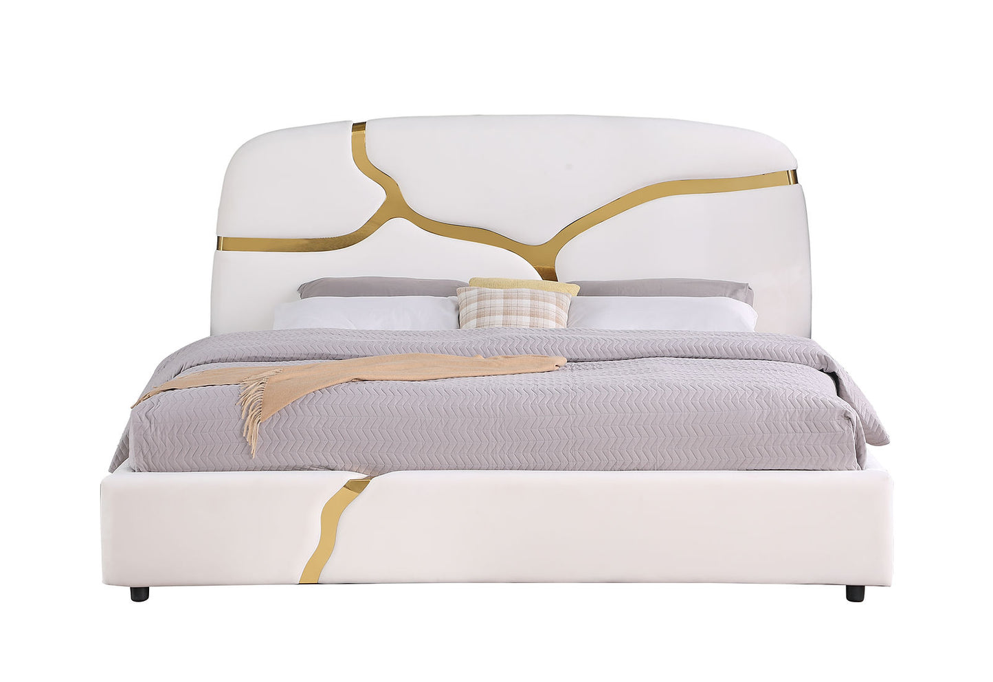 Milan Stone White Velvet/Gold Queen Bed B838