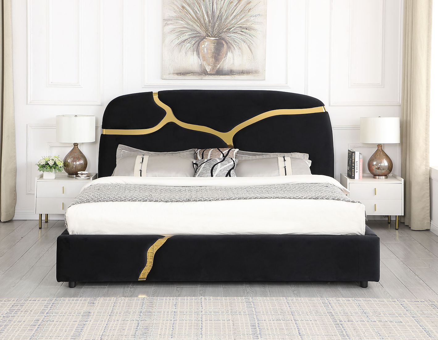 Milan Stone Black Velvet/Gold King Bed B838