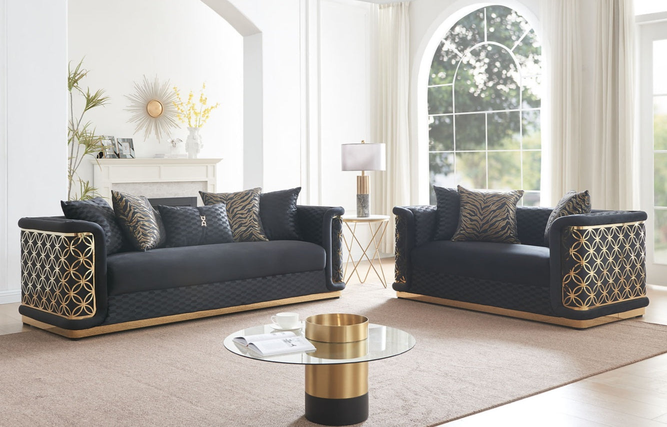 Riya Black/Gold Sofa and Loveseat S3390