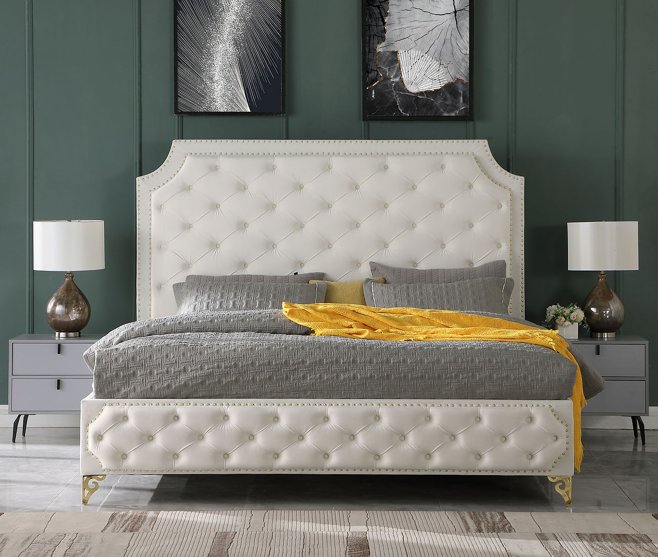 Leilah Platform Cream Velvet Queen Bed B830