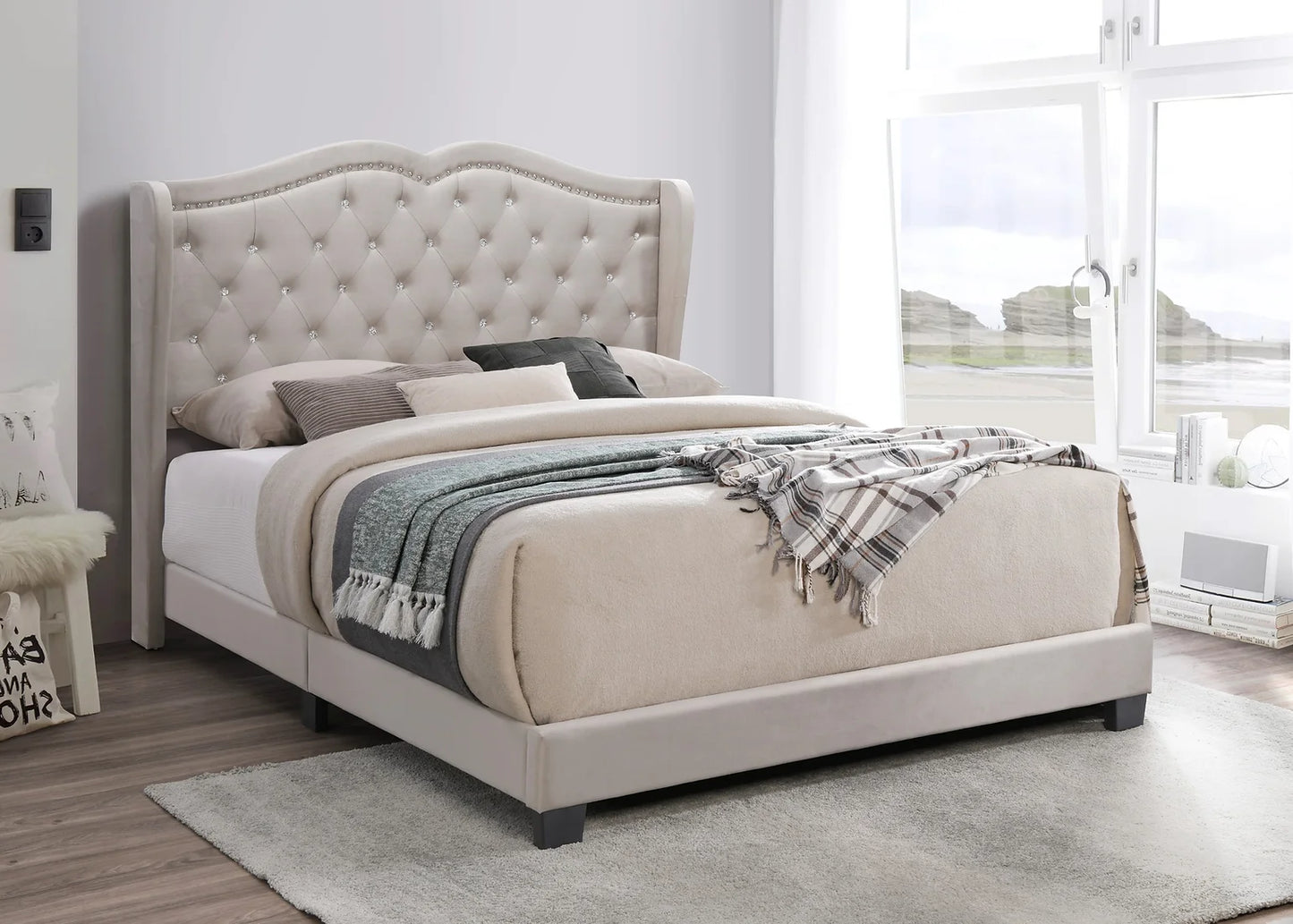 Elena Champagne Velvet King Platform Bed B9332