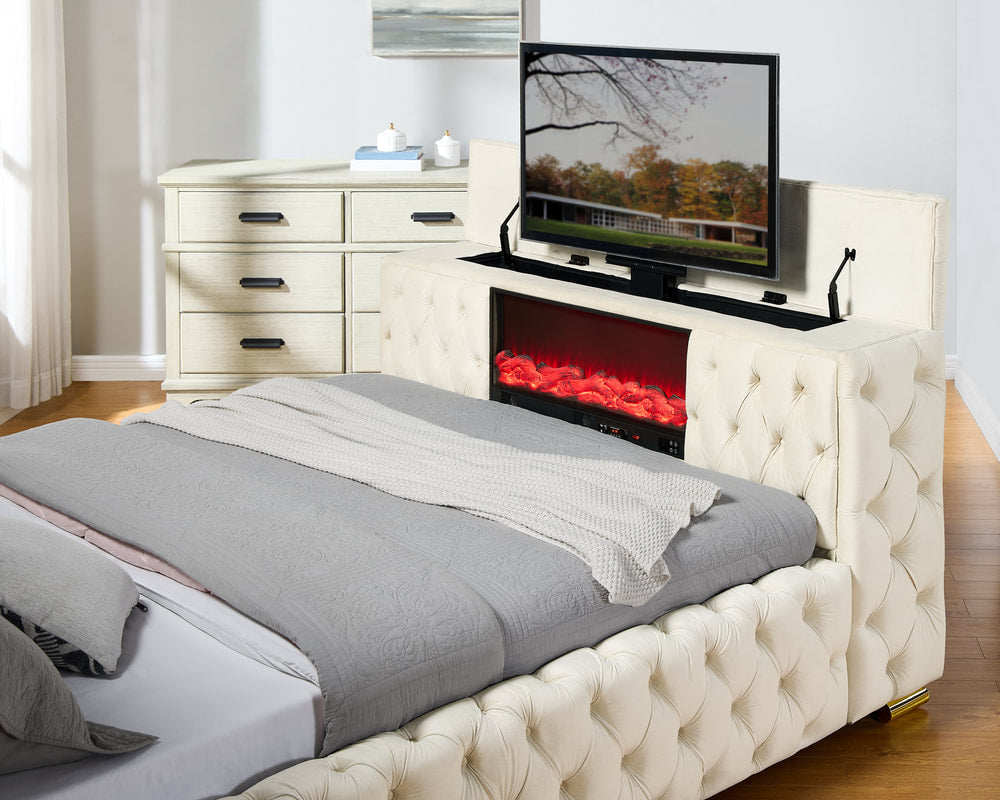 Future Beige Velvet FIREPLACE/BLUETOOTH SPEAKERS/TV STAND Platform Bed