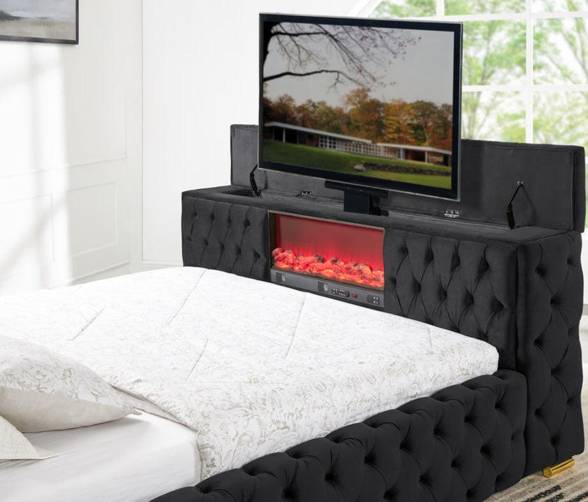 Future Black Velvet FIREPLACE/BLUETOOTH SPEAKERS/TV STAND King Platform Bed