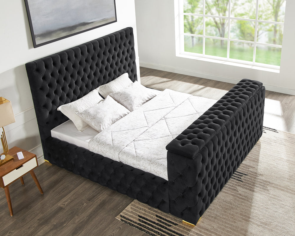 Future Black Velvet FIREPLACE/BLUETOOTH SPEAKERS/TV STAND Queen Platform Bed