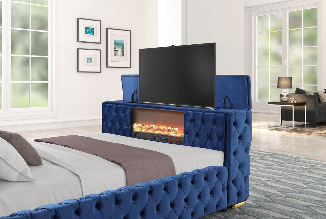 Future Blue Velvet FIREPLACE/BLUETOOTH SPEAKERS/TV STAND Platform Queen Bed