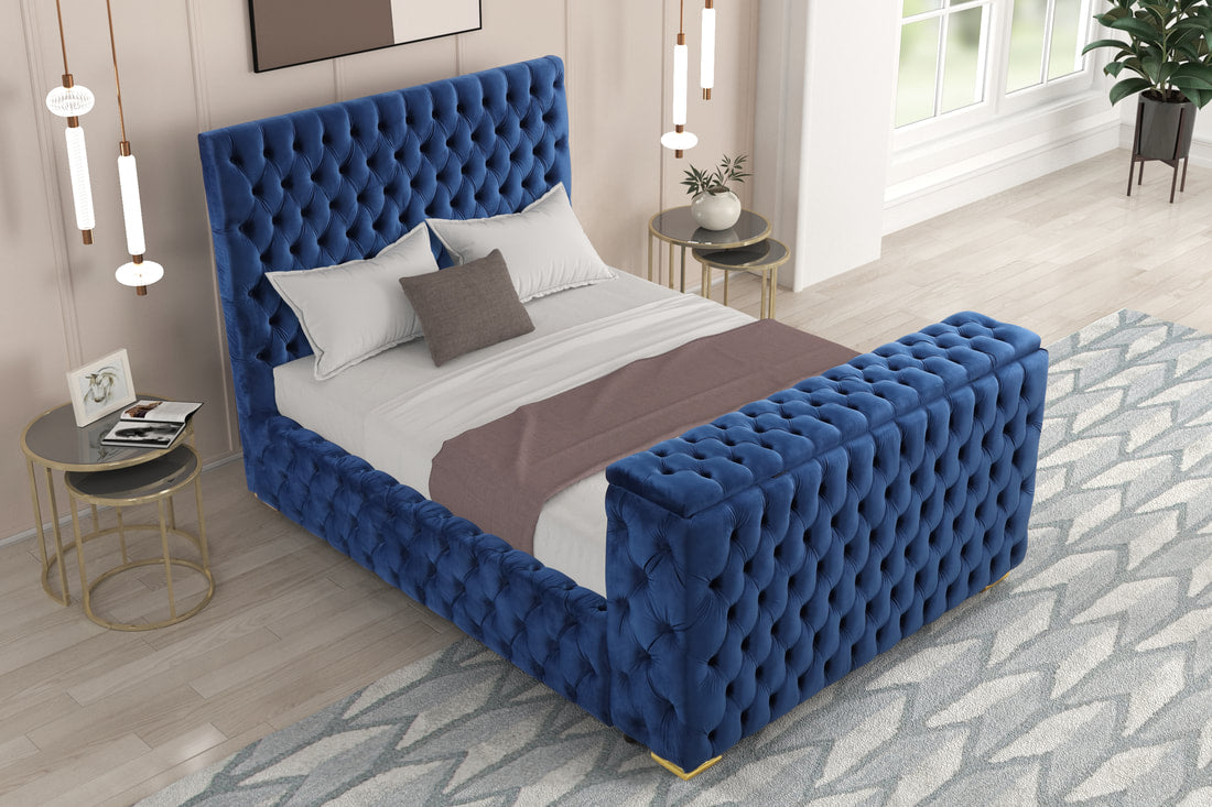 Future Blue Velvet FIREPLACE/BLUETOOTH SPEAKERS/TV STAND Platform Queen Bed