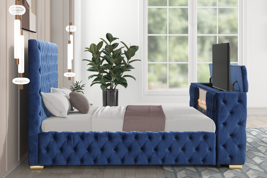 Future Blue Velvet FIREPLACE/BLUETOOTH SPEAKERS/TV STAND Platform Queen Bed