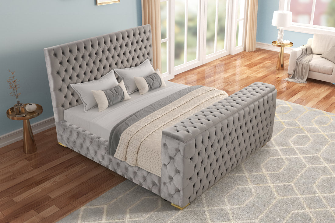 Future Grey Velvet FIREPLACE/BLUETOOTH SPEAKERS/TV STAND Platform King Bed