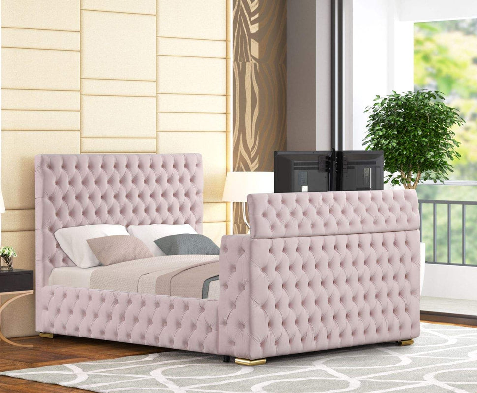 Future Pink Velvet FIREPLACE/BLUETOOTH SPEAKERS/TV STAND Platform Queen Bed