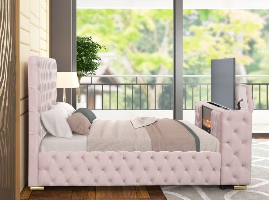 Future Pink Velvet FIREPLACE/BLUETOOTH SPEAKERS/TV STAND Platform King Bed