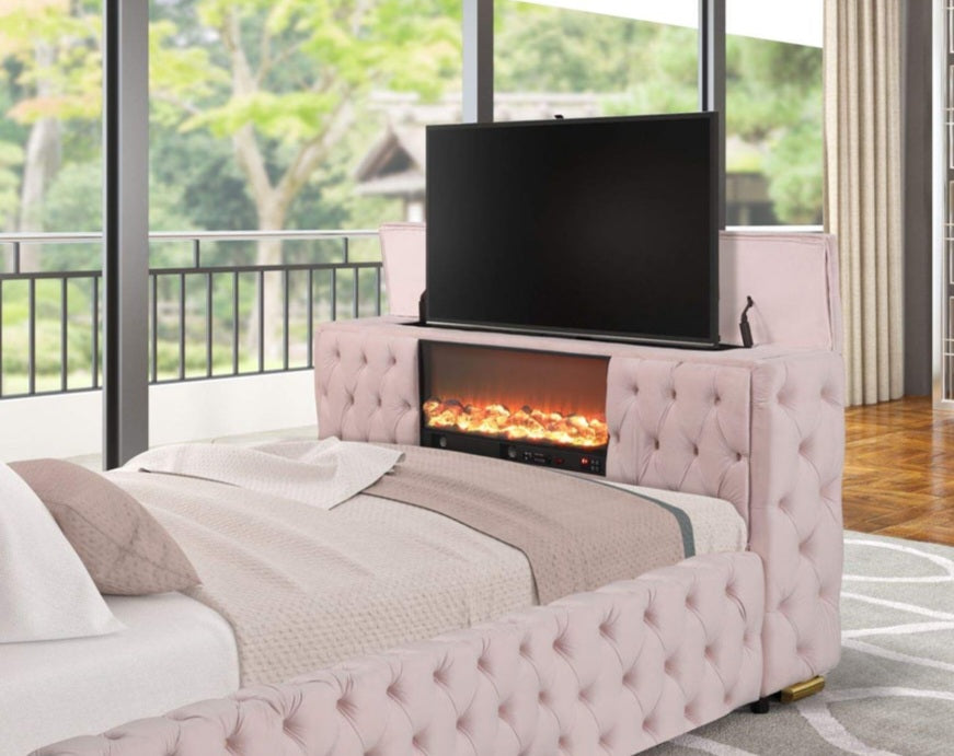 Future Pink Velvet FIREPLACE/BLUETOOTH SPEAKERS/TV STAND Platform Queen Bed