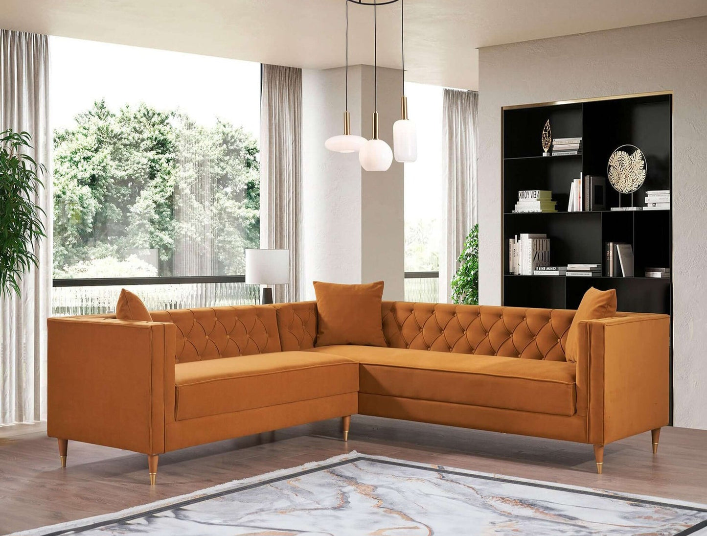 Lewer Mid Century Modern Cognac Velvet Sectional