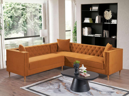 Lewer Mid Century Modern Cognac Velvet Sectional