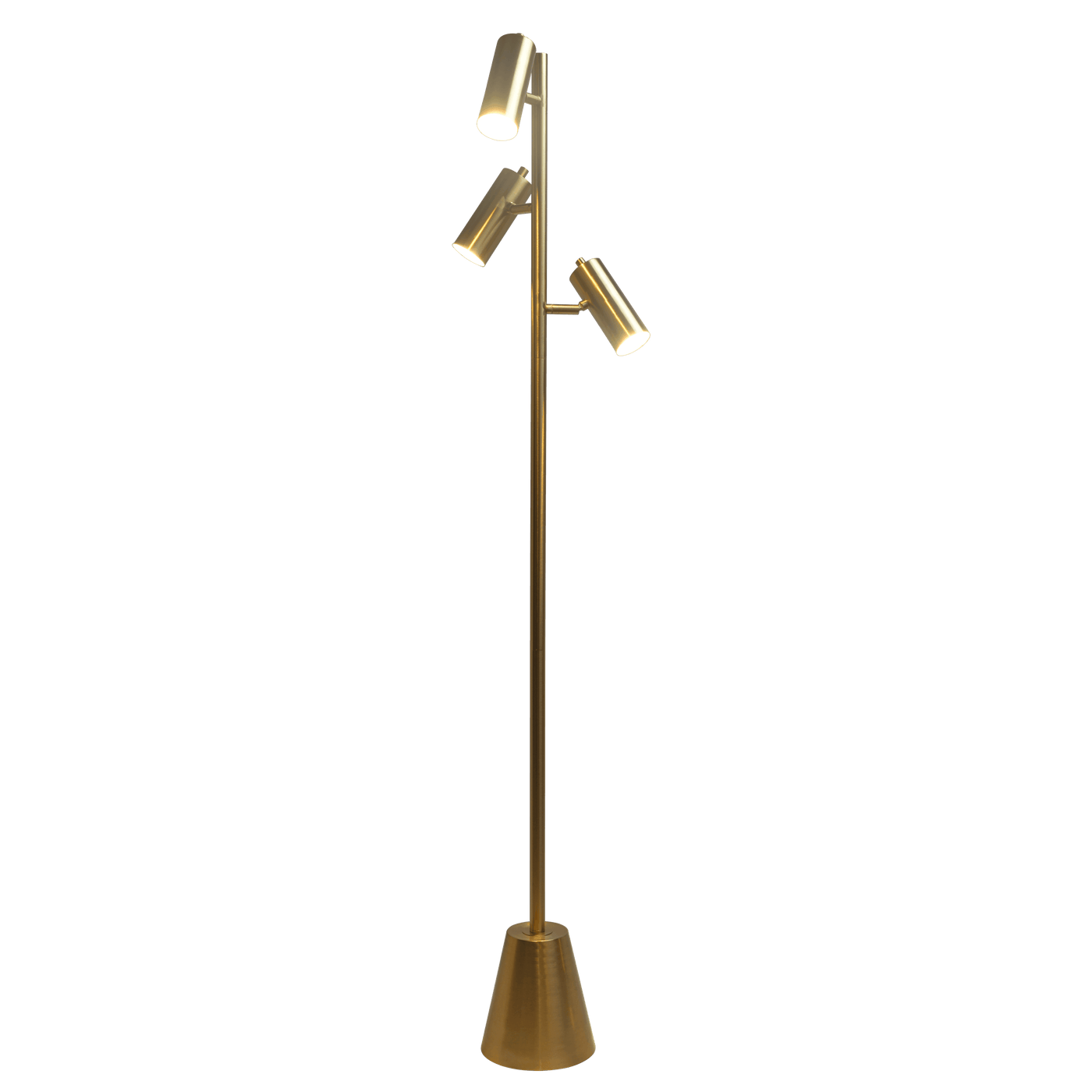 Lumina Brassed Gold Floor Lamp with Rotary Switch Triple Spots Metal Cone Base