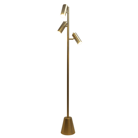 Lumina Brassed Gold Floor Lamp with Rotary Switch Triple Spots Metal Cone Base