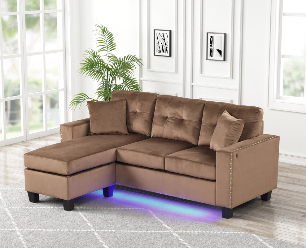 Messi Brown Velvet LED Reversible Sectional