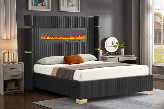 Romance Fireplace/BlutoothSpeakers Black Queen Platform Bed