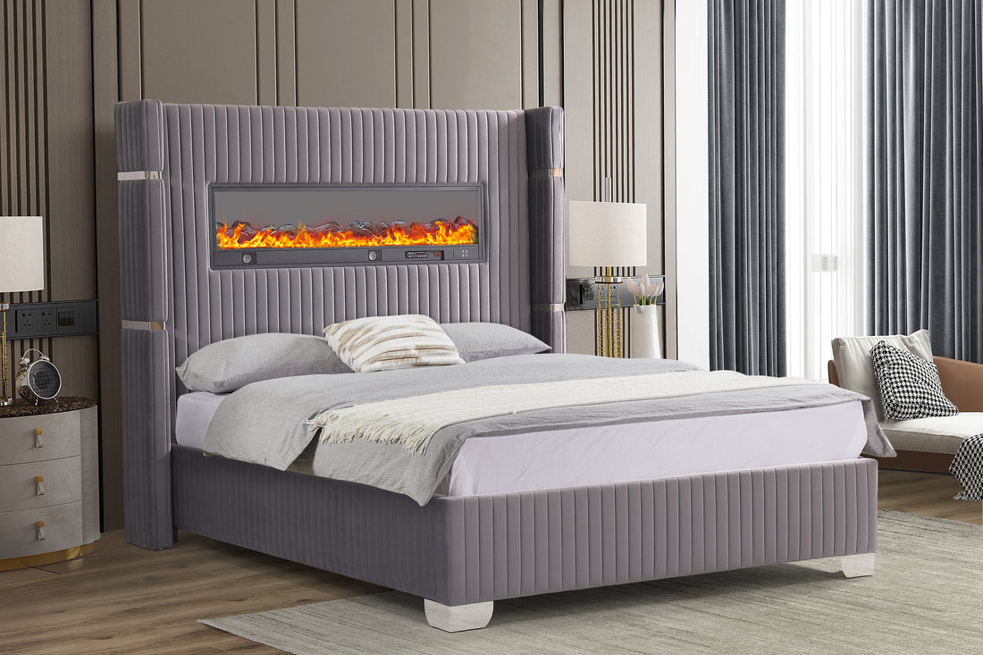 Romance Fireplace/BlutoothSpeakers Gray Queen Platform Bed