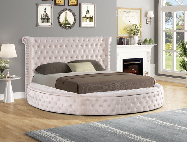 Penthouse Beige Storage Platform King Bed with USB