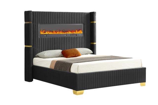 Romance Fireplace/BlutoothSpeakers Black Queen Platform Bed