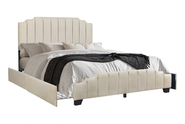 HH975 Beige Velvet Queen Platform Bed with Side Drawer Storage.