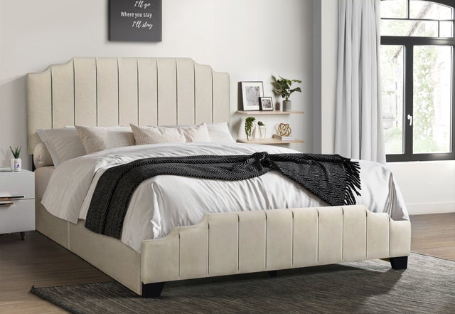 HH975 Beige Velvet King Platform Bed with Side Drawer Storage.