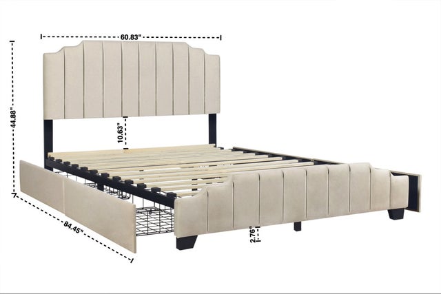 HH975 Beige Velvet Queen Platform Bed with Side Drawer Storage.