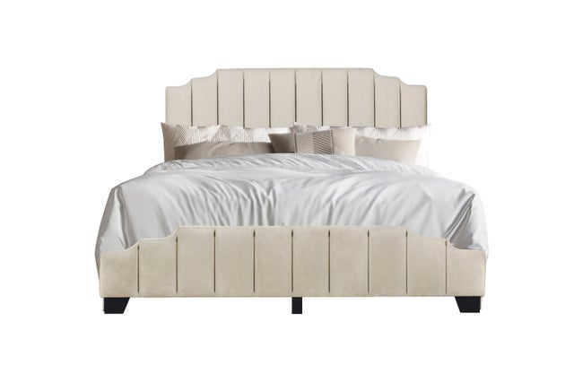 HH975 Beige Velvet Queen Platform Bed with Side Drawer Storage.