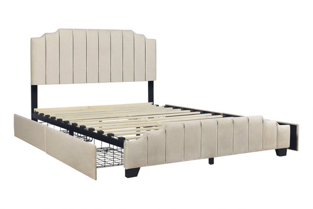 HH975 Beige Velvet Queen Platform Bed with Side Drawer Storage.